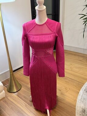 Karen Millen Fuchsia Fringe Long-Sleeve Bodycon Dress Size M NWT